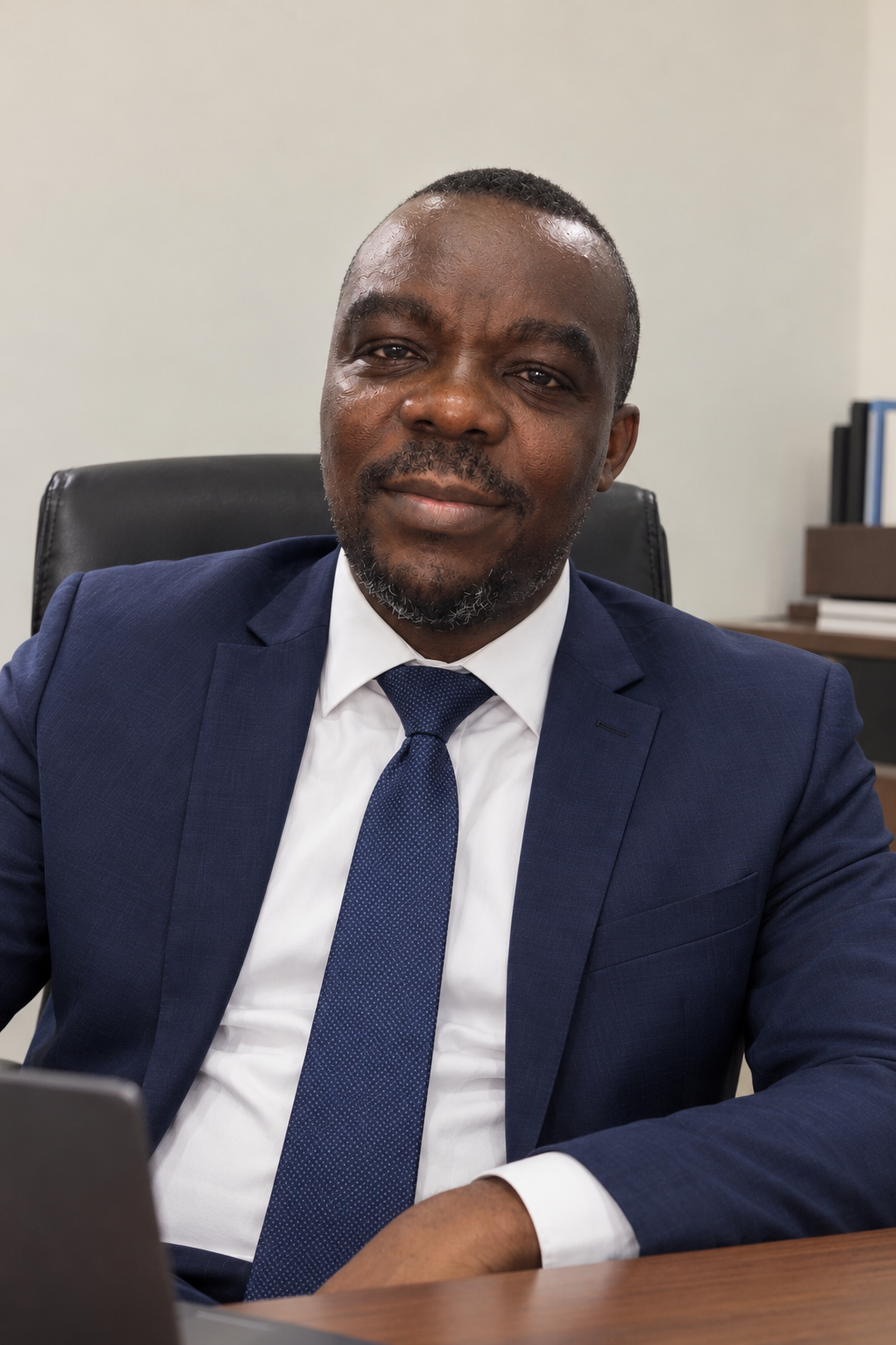 Ernest Eromosele Okoduwa seated in an office, wearing a navy-blue suit, white shirt, and patterned blue tie